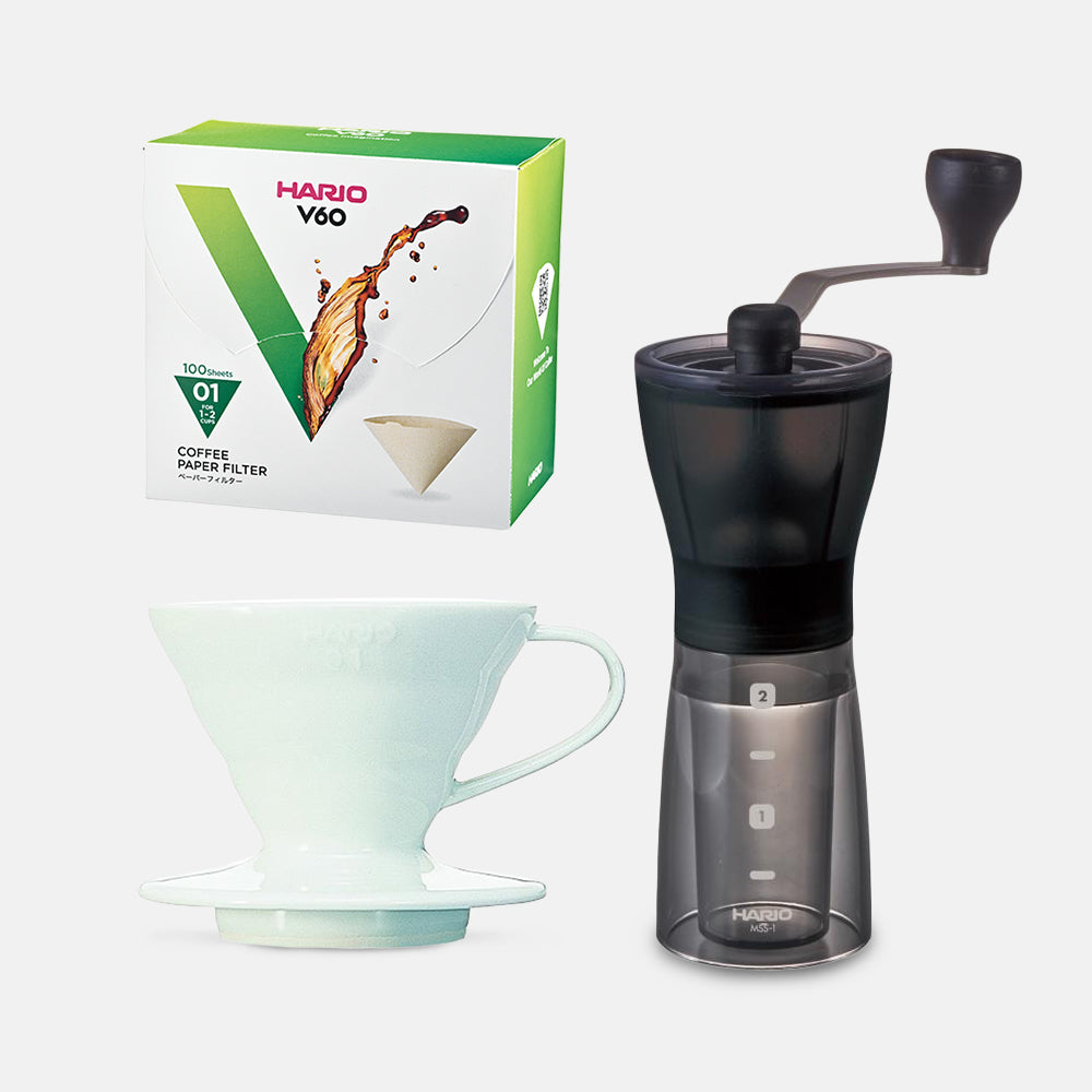 Hario Mini Mill Plus V60 Ceramic Starter Kit Size 01 (White)